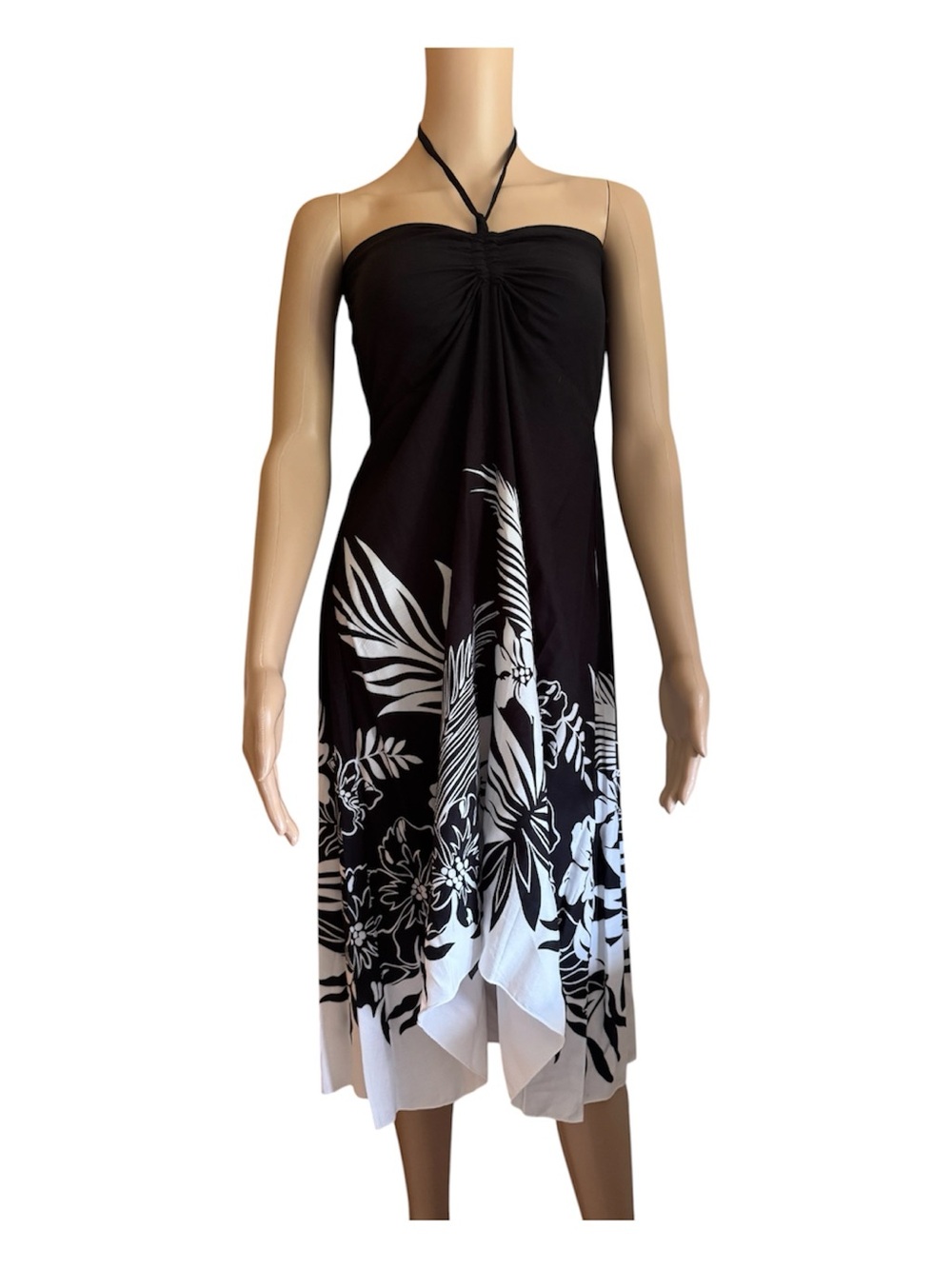 Made in Hawaii Black White Floral High-Low Halter Strapless Dress